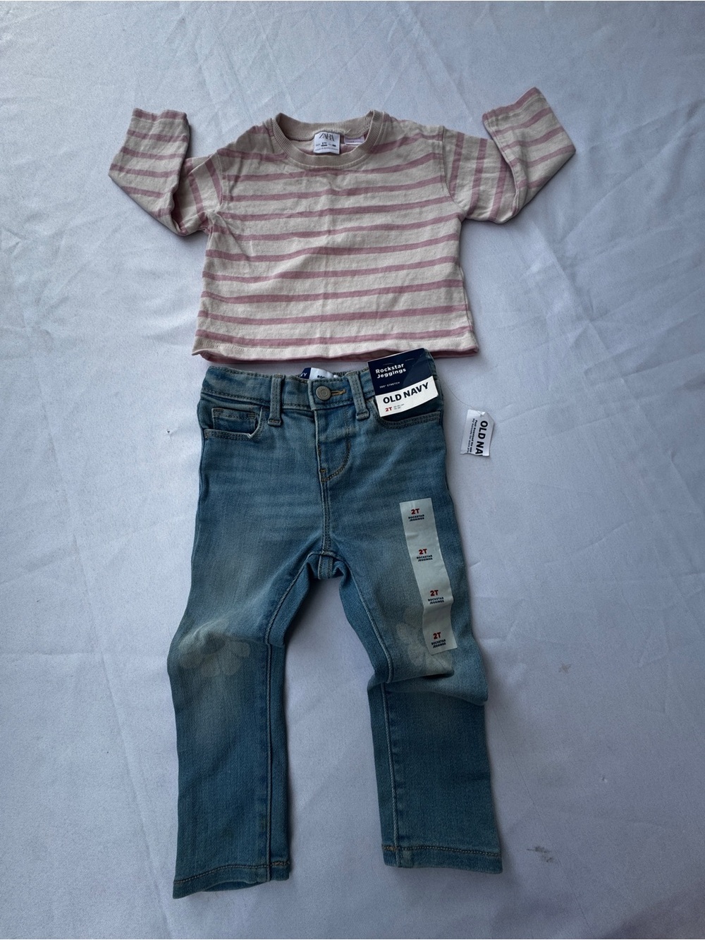 Zara Kids Light pink stripes  Old navy Blue Denim Jeans Set 18-24 months